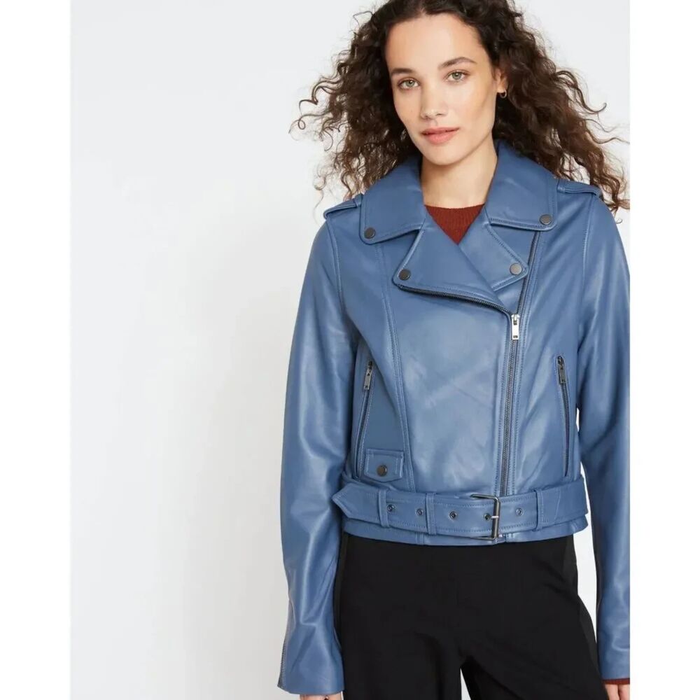 NWT Universal Standard Leeron Leather Moto Jacket Steel Blue 3XS 2-4 MSRP $748